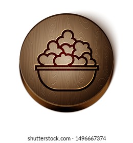 Brown line Popcorn in bowl icon isolated on white background. Popcorn bucket box. Wooden circle button. Vector Illustration