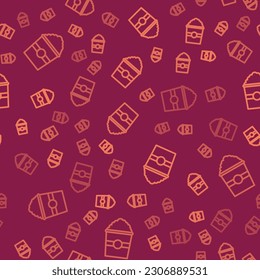 Brown line Popcorn in cardboard box icon isolated seamless pattern on red background. Popcorn bucket box.  Vector Illustration