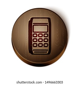 Brown line Pos terminal icon isolated on white background. Payment terminal transaction. Pay by card. Wooden circle button. Vector Illustration