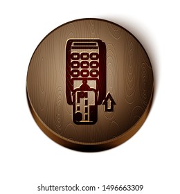 Brown line Pos terminal with inserted credit card icon isolated on white background. Payment terminal transaction. Pay by card. Wooden circle button. Vector Illustration