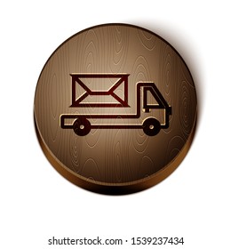 Brown line Post truck icon isolated on white background. Mail car. Vehicle truck transport with envelope or letter. Wooden circle button. Vector Illustration