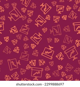 Brown line Presentation board with graph, schedule, chart, diagram, infographic, pie graph icon isolated seamless pattern on red background.  Vector