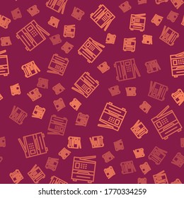 Brown line Printer icon isolated seamless pattern on red background.  Vector Illustration