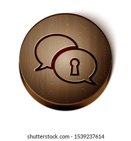 Brown line Protection of personal data icon isolated on white background. Speech bubble and key. Wooden circle button. Vector Illustration