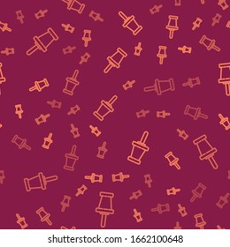 Brown line Push pin icon isolated seamless pattern on red background. Thumbtacks sign.  Vector Illustration