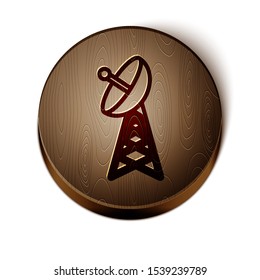Brown line Radar icon isolated on white background. Military search system. Wooden circle button. Vector Illustration