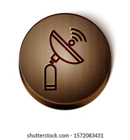Brown line Radar icon isolated on white background. Search system. Satellite sign. Wooden circle button. Vector Illustration