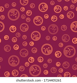Brown line Radar with targets on monitor in searching icon isolated seamless pattern on red background. Search system. Navy sonar.  Vector Illustration