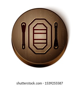 Brown line Rafting boat icon isolated on white background. Inflatable boat with paddles. Water sports, extreme sports, holiday, vacation. Wooden circle button. Vector Illustration