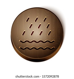 Brown line Rain and waves icon isolated on white background. Rain cloud precipitation with rain drops. Wooden circle button. Vector Illustration