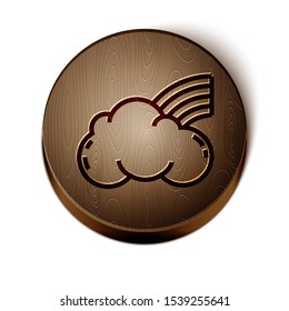 Brown line Rainbow with clouds icon isolated on white background. Wooden circle button. Vector Illustration