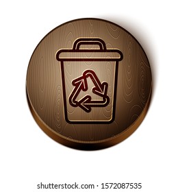 Brown line Recycle bin with recycle symbol icon isolated on white background. Trash can icon. Garbage bin sign. Recycle basket sign. Wooden circle button. Vector Illustration