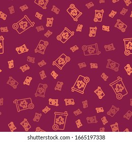 Brown line Recycle bin with recycle symbol icon isolated seamless pattern on red background. Trash can icon. Garbage bin sign. Recycle basket sign.  Vector Illustration
