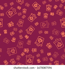 Línea marrón Reciclar con icono de símbolo de reciclaje aislado patrón sin fisuras en el fondo rojo. Icono de Basura. Signo de basurero. Signo de la canasta de reciclaje. Ilustración vectorial