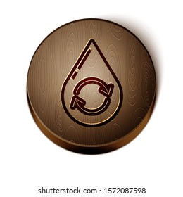 Brown line Recycle clean aqua icon isolated on white background. Drop of water with sign recycling. Wooden circle button. Vector Illustration