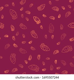 Línea marrón Icono de efecto Ojo rojo aislado patrón transparente en fondo rojo. Signo de enrojecimiento ocular. Enfermedad inflamatoria de los ojos. Ilustración vectorial