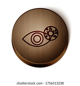Brown line Reddish eye due to virus, bacterial or allergic conjunctivitis icon isolated on white background. Wooden circle button. Vector Illustration
