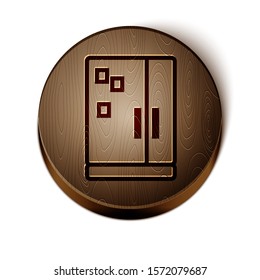 Brown line Refrigerator icon isolated on white background. Fridge freezer refrigerator. Household tech and appliances. Wooden circle button. Vector Illustration