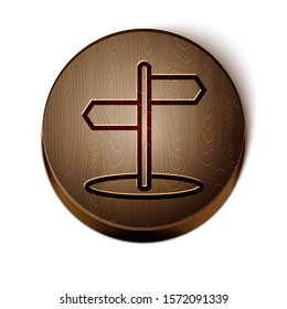 Brown line Road traffic sign. Signpost icon isolated on white background. Pointer symbol. Isolated street information sign. Direction sign. Wooden circle button. Vector Illustration