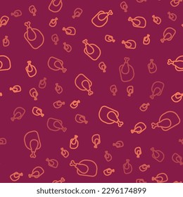 Brown line Roasted turkey or chicken icon isolated seamless pattern on red background.  Vector