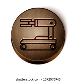 Brown line Robot icon isolated on white background. Wooden circle button. Vector Illustration
