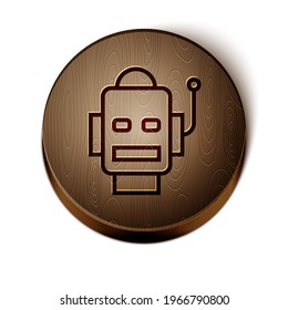 Brown line Robot icon isolated on white background. Artificial intelligence, machine learning, cloud computing. Wooden circle button. Vector