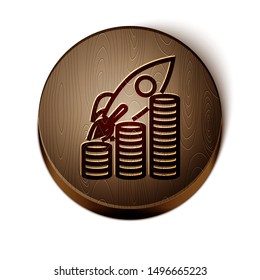 Brown line Rocket flying up on coins growth chart icon isolated on white background. Graph that shows increase in sales. Wooden circle button. Vector Illustration