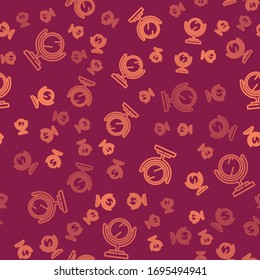 Brown line Round makeup mirror icon isolated seamless pattern on red background.  Vector Illustration