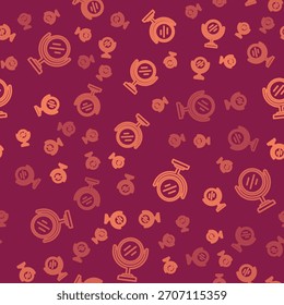 Línea marrón Icono de espejo de maquillaje redondo aislado sin patrón sobre fondo rojo.  Vector