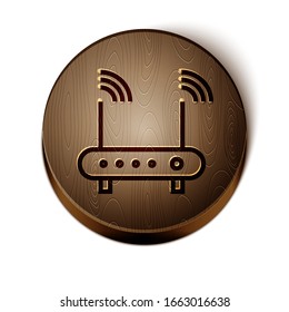 Icono de símbolo de señal wi-fi y router de línea marrón aislado en fondo blanco. Router de módem Ethernet inalámbrico. Internet con tecnología informática. Botón de círculo de madera. Ilustración vectorial