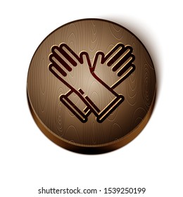 Brown line Rubber gloves icon isolated on white background. Latex hand protection sign. Housework cleaning equipment symbol. Wooden circle button. Vector Illustration