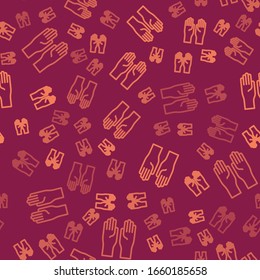 Icono de guantes de goma línea marrón aislado patrón sin fisuras sobre fondo rojo. Signo de protección de látex. Símbolo del equipo de limpieza de la casa. Ilustración vectorial