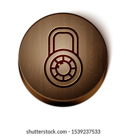 Brown line Safe combination lock wheel icon isolated on white background. Combination padlock. Security, safety, protection, password, privacy. Wooden circle button. Vector Illustration