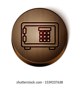 Brown line Safe icon isolated on white background. The door safe a bank vault with a combination lock. Reliable Data Protection. Wooden circle button. Vector Illustration