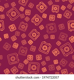 Brown line Safe icon isolated seamless pattern on red background. The door safe a bank vault with a combination lock. Reliable Data Protection.  Vector Illustration