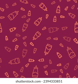 Brown line Sauce bottle icon isolated seamless pattern on red background. Ketchup, mustard and mayonnaise bottles with sauce for fast food.  Vector