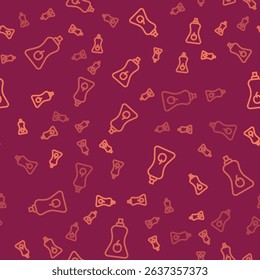 Brown line Sauce bottle icon isolated seamless pattern on red background. Ketchup, mustard and mayonnaise bottles with sauce for fast food.  Vector
