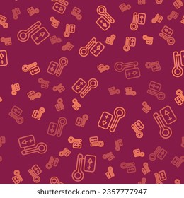 Brown line Sauna thermometer icon isolated seamless pattern on red background. Sauna and bath equipment.  Vector