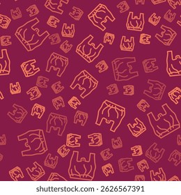 Brown line Say no to plastic bags poster icon isolated seamless pattern on red background. Disposable cellophane and polythene package prohibition sign.  Vector