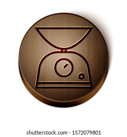 Brown line Scales icon isolated on white background. Weight measure equipment. Wooden circle button. Vector Illustration