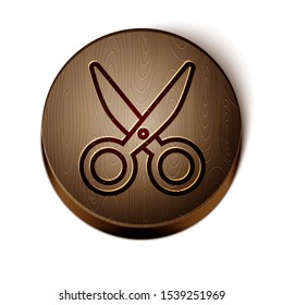 Brown line Scissors icon isolated on white background. Cutting tool sign. Wooden circle button. Vector Illustration