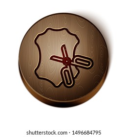 Brown line Scissors and leather icon isolated on white background. Tailor symbol. Cutting tool sign. Wooden circle button. Vector Illustration