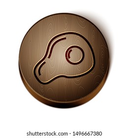 Brown line Scrambled eggs icon isolated on white background. Home cooked food, fried egg, healthy breakfast, omelet icon. Wooden circle button. Vector Illustration