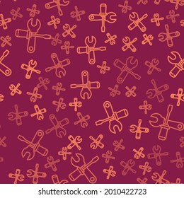 Icono de herramientas de destornillador de línea marrón y llave inglesa aislado de patrón sin soldadura sobre fondo rojo. Símbolo de herramienta de servicio.  Ilustración vectorial