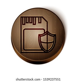 Brown line SD card and shield icon isolated on white background. Memory card. Adapter icon. Security, safety, protection, privacy concept. Wooden circle button. Vector Illustration