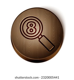 Brown line Search 8 March icon isolated on white background. Magnifying glass sign. International Happy Women Day. Wooden circle button. Vector Illustration