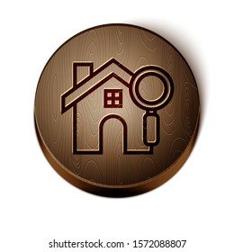 Brown line Search house icon isolated on white background. Real estate symbol of a house under magnifying glass. Wooden circle button. Vector Illustration