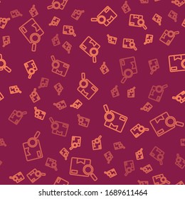 Icono del paquete de búsqueda de línea marrón aislado sin fisuras en el fondo rojo. Seguimiento de paquetes. Cajón de vidrio y cartón. Logística y entrega. Ilustración vectorial