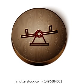 Brown line Seesaw icon isolated on white background. Teeter equal board. Playground symbol. Wooden circle button. Vector Illustration
