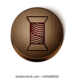 Brown line Sewing thread on spool icon isolated on white background. Yarn spool. Thread bobbin. Wooden circle button. Vector Illustration